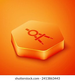 Isometric Drawing compass icon isolated on orange background. Compasses sign. Drawing and educational tools. Geometric instrument. Orange hexagon button. Vector Illustration