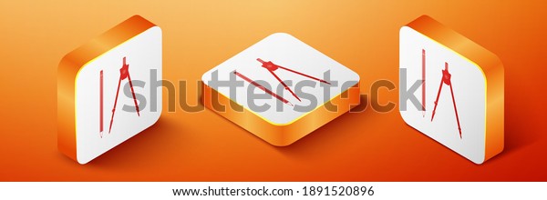 Isometric\
Drawing compass and pencil icon isolated on orange background.\
Education sign. Drawing and educational tools. Geometric equipment.\
School office. Orange square button.\
Vector.