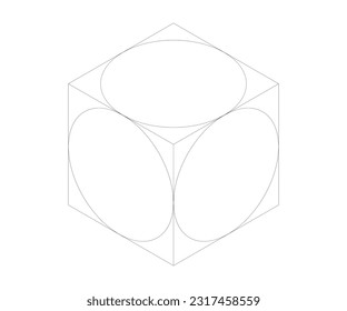 isometric drawing of a cube with circles inscribed