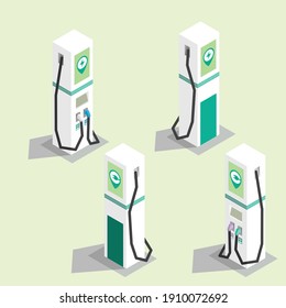 Isometric drawing of Electric Vehicle Charging Station, Two Point of View with Shadow_Color Sample and Pastel Color Scheme, Flat Cartoon Vector Illustration can be used as Icon, Logo or Avatar