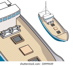 Isometric drawing of fisher boat and trawler for spiny lobster