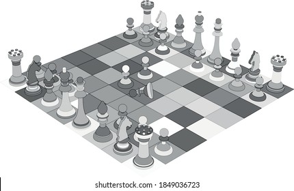 Isometric drawing in gray tones. Abstract checkers. 
