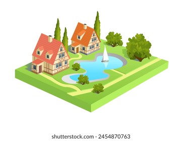 Isometric drawing of houses and  lake. Vector 3d illustration