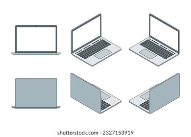 Isometric drawing of a laptop computer illustration icon set with black border