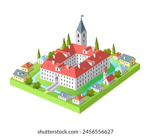 Isometric drawing of a medieval castle and houses. Vector 3d illustration