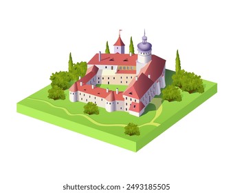 Isometric drawing of a medieval castle Grabštejn. Vector 3d illustration