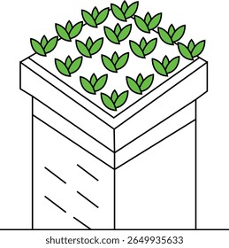 Dibujo isométrico de un jardín en la azotea de un edificio.  Pequeñas plantas verdes cubren el techo plano.