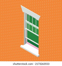 Isometric drawing of a sash window in a brick wall exterior