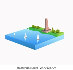 Isometric drawing of the sea with sailing boats and Naval Memorial in Laboe (Germany). Vector 3d illustration