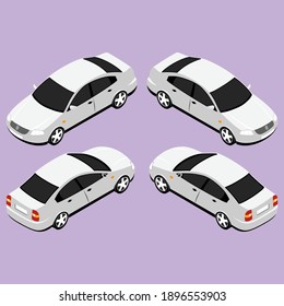 Dibujo isométrico del Sedan Coche de color plateado con dos puntos de vista y muestra de espejo en fondo de lábil pastel, se puede usar como icono, logotipo o avatar