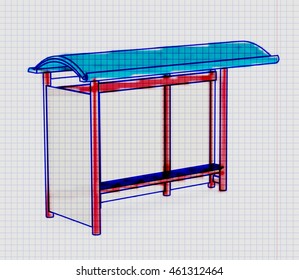 Isometric drawing surround, bus stop painted pen on a sheet of paper