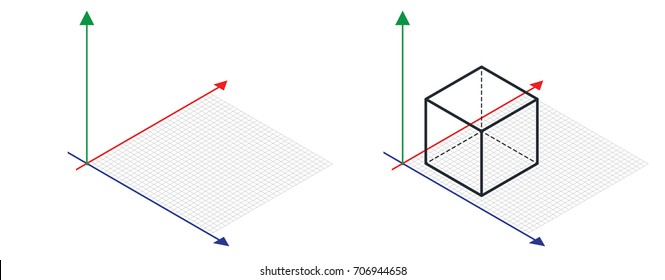 Isometric drawing thirty degreesangle is applied to its sides  The cube opposite  3d coordinate axis vector   Grid Paper Isometric dots vector