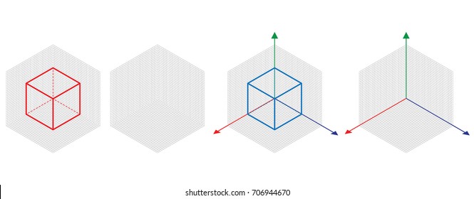 Isometric Drawing A Thirty Degreesangle Is Applied To Its Sides. The Cube Opposite. 3d Coordinate Axis Vector . Isometric Grid Vector