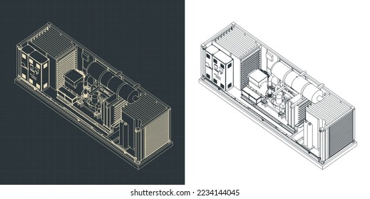 Isometric drawings of container type generator structure