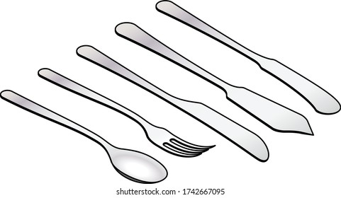 Isometric drawings of cutlery: dessert spoon, dessert fork, salad knife, fish knife, butter knife.