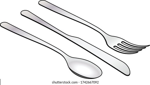 Isometric drawings of cutlery: soup spoon, dining knife, dining fork.
