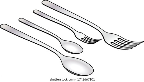 Isometric drawings of cutlery: soup spoon, dessert spoon, dessert fork, dining fork.