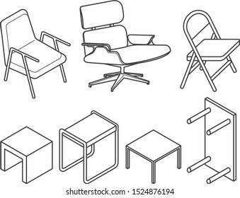 Isometric drawings of Different types of chairs