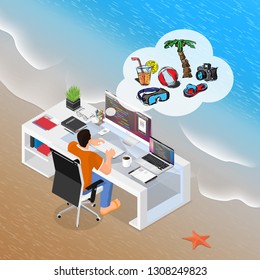 Isometric dreaming about vacation programmer or office worker. He is tired of coding and wants to relax.