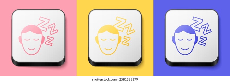 Isometric Dreams icon isolated on pink, yellow and blue background. Sleep, rest, dream concept. Resting time and comfortable relaxation. Square button. Vector