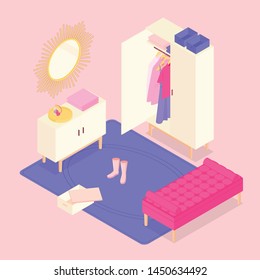 Isometric dressing room in rose pink. Vector illustration in flat design.