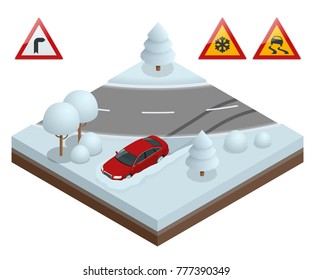 Isometric drift car on a snowy road concept. Heavy snow on the road driving on it becomes dangerous