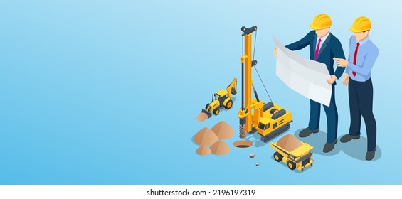 Isometric Drilling machine, Yellow Tractor with backhoe and loader, Large quarry dump truck and Builders On Building Site Looking At Plan.