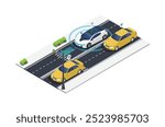 ISometric Driverless or self driving car at road. Futuristic autonomous vehicle remote sensing system. suitable for vehicle-related digital assets