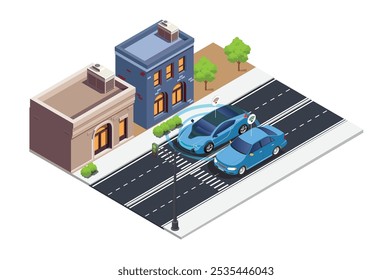 ISometric Motorless ou carro autodirigível na estrada. Sistema de teledetecção de veículos autônomos futurista. adequado para ativos digitais relacionados com o veículo