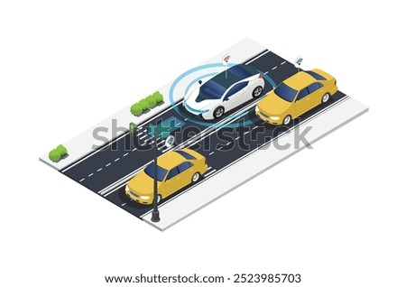 ISometric Driverless or self driving car at road. Futuristic autonomous vehicle remote sensing system. suitable for vehicle-related digital assets