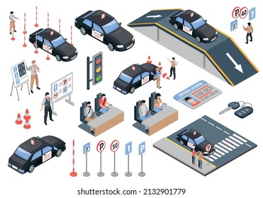 Isometric driving school color icon set black cars driving simulators traffic lights and road signs education vector illustration