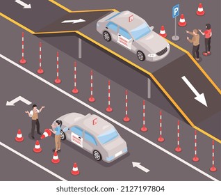 Isometric driving school composition driving school exam site attributes cars and equipments vector illustration