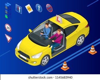 Isometric Driving School Concept. Driving Instructor And Man Student In Examination Car. Vector Illustration