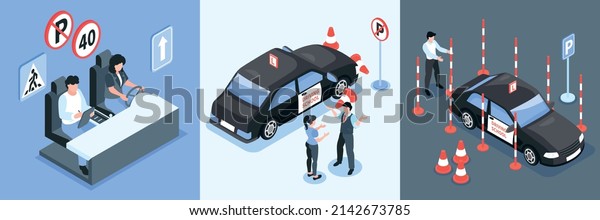 Isometric driving\
school design concept set with driving simulators lessons and\
driving test vector\
illustration
