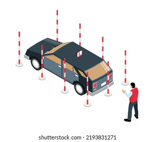Isometric driving school educational process with car and male character 3d vector illustration