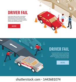 Isometric driving school horizontal banners collection with images of driving instruction fails people buttons and text vector illustration