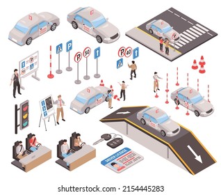 Isometric driving school icon set specially equipped vehicles for learning to drive teachers explain the rules of road vector illustration