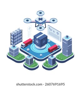 Isometric Drone Delivering Medical Supplies in Futuristic Healthcare Logistics. Innovation in Drug Delivery Systems Concept