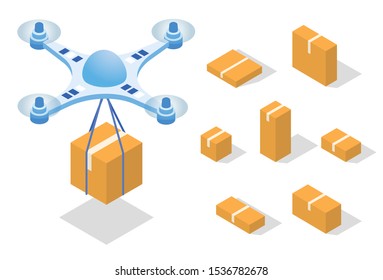 Isometric drone delivery 3d set. 