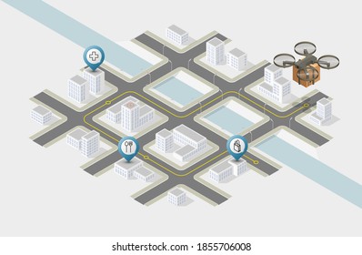 Isometrische Drohnenzustellung Stadtplan Navigation, Punktmarkierungshintergrund, App-Isoometrie-Zeichensystem, 3D-Kopter, der über Stadtplan-GPS-Navigation fliegt