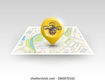 Isometric Drone delivery city map navigation, point markers background, app isometry drawing schema, 3D Copter flying over city plan GPS navigation