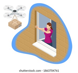 Isometric drone delivery delivering big brown post package into urban city. Technological shipment innovation.