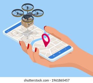 Isometric Drone delivery, Logistics and Delivery concept. Delivery home and office. Tracking delivery service online. City logistics.