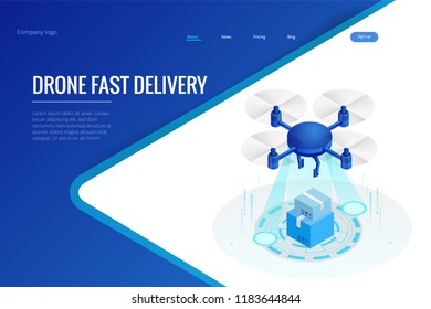 Isometric Drone Fast Delivery of goods in the city. Technological shipment innovation concept. Autonomous logistics Template for presentation, report design, website.
