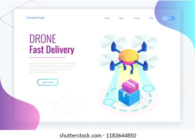 Isometric Drone Fast Delivery of goods in the city. Technological shipment innovation concept. Autonomous logistics Template for presentation, report design, website.