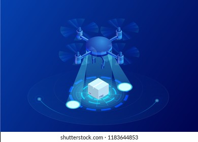 Isometric Drone Fast Delivery of goods in the city. Technological shipment innovation concept. Autonomous logistics Template for presentation, report design, website.