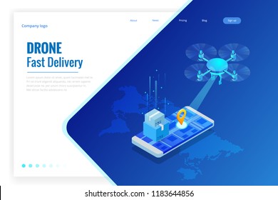 Isometric Drone Fast Delivery of goods in the city. Technological shipment innovation concept. Autonomous logistics Template for presentation, report design, website.