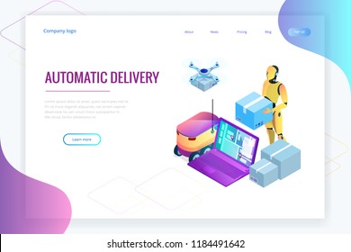 Isometric Drone Fast Delivery of goods in the city. Technological shipment innovation concept. Autonomous logistics. Robot delivery web concept