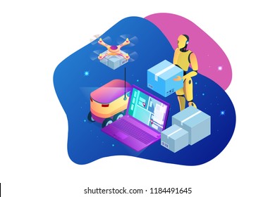 Isometric Drone Fast Delivery of goods in the city. Technological shipment innovation concept. Autonomous logistics. Robot delivery web concept