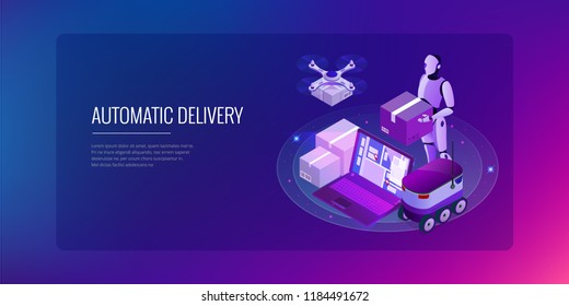 Isometric Drone Fast Delivery of goods in the city. Technological shipment innovation concept. Autonomous logistics. Robot delivery web concept
